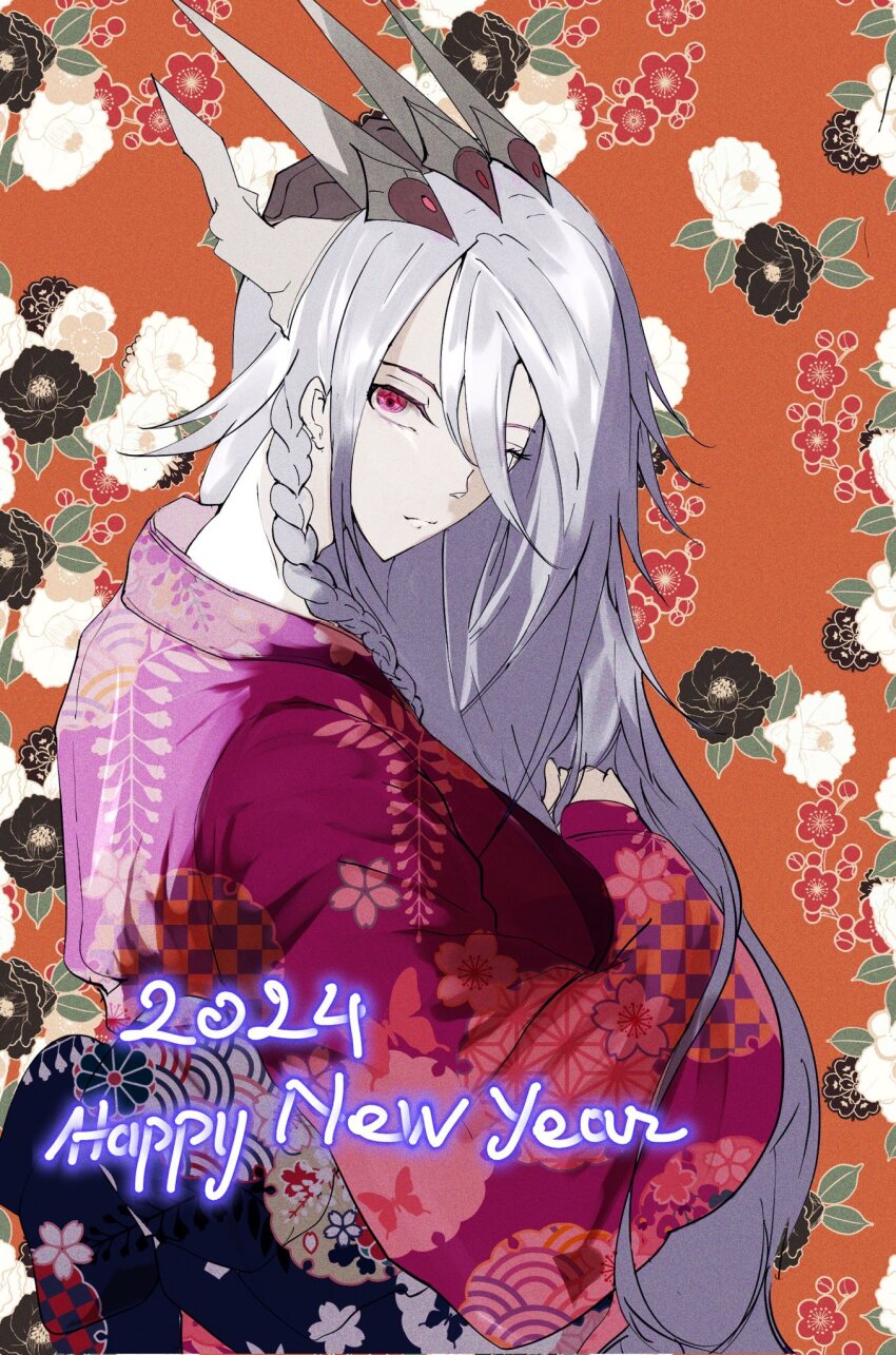 1girl 2024 alternate_costume braid crossed_arms despian_quaeritis duel_monster expressionless grey_hair hair_between_eyes hair_ornament hair_over_one_eye happy_new_year highres japanese_clothes long_hair long_sleeves new_year obi red_eyes sash single_braid solo uragawai yu-gi-oh!