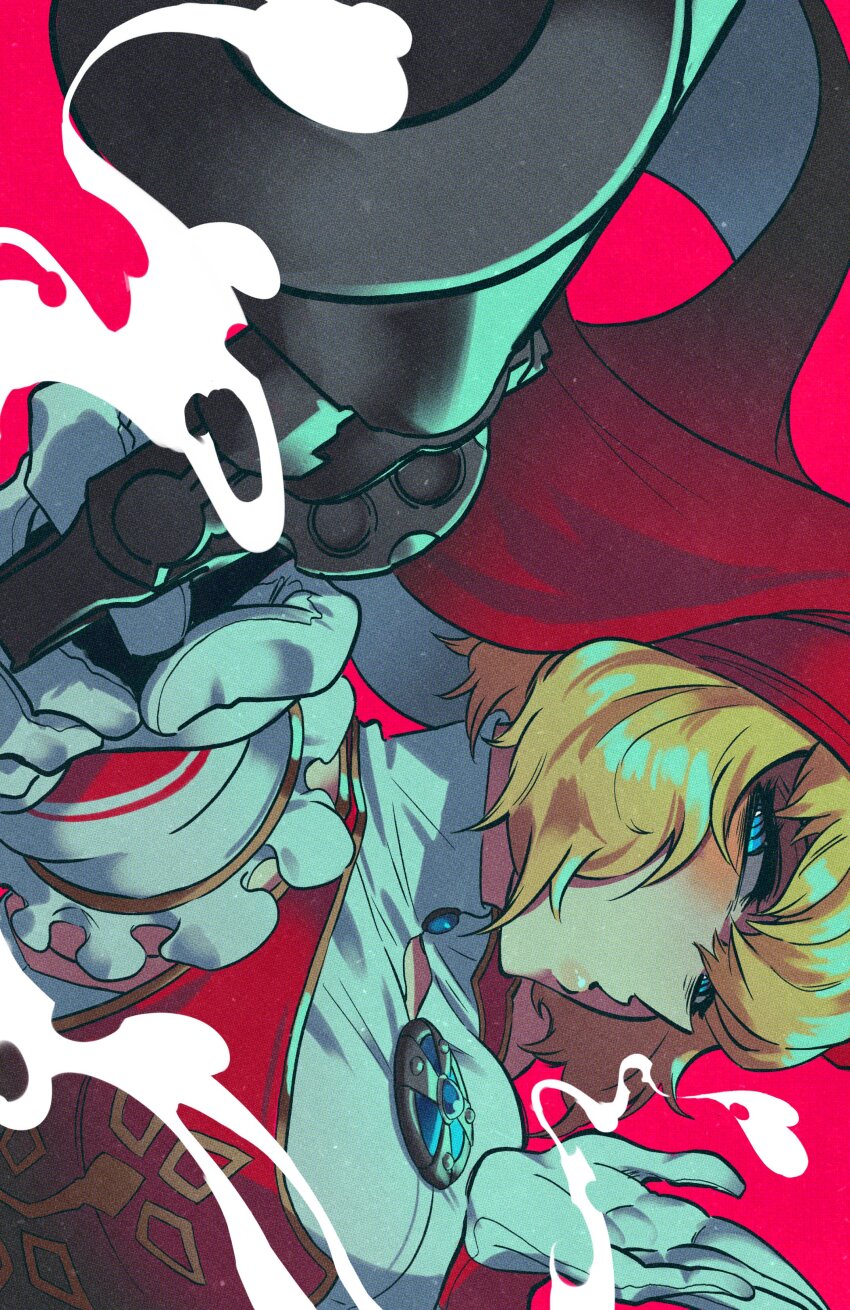 1girl absurdres andrich_galam blonde_hair blowing_kiss blue_eyes gloves gun handgun highres holding holding_gun holding_weapon idunn_(megami_tensei) looking_at_viewer red_background red_veil shin_megami_tensei shin_megami_tensei_v short_hair simple_background smoke smoke_trail solo veil weapon white_gloves