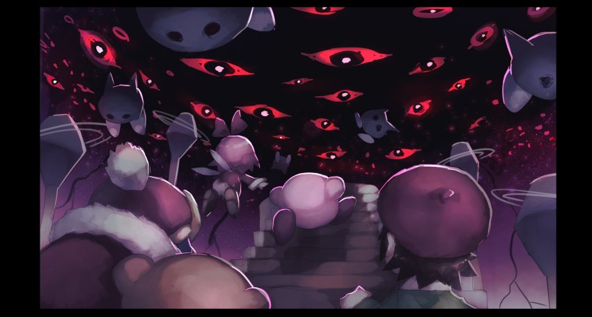 absurdres adeleine black_eyes black_lightning coat dark_matter_(kirby) dress fairy_wings green_shirt highres king_dedede kirby kirby_(series) kirby_64 n-z nintendo pink_hair red_coat red_dress red_eyes red_headwear red_ribbon ribbon ribbon_(kirby) shiburingaru shirt shoes waddle_dee wings