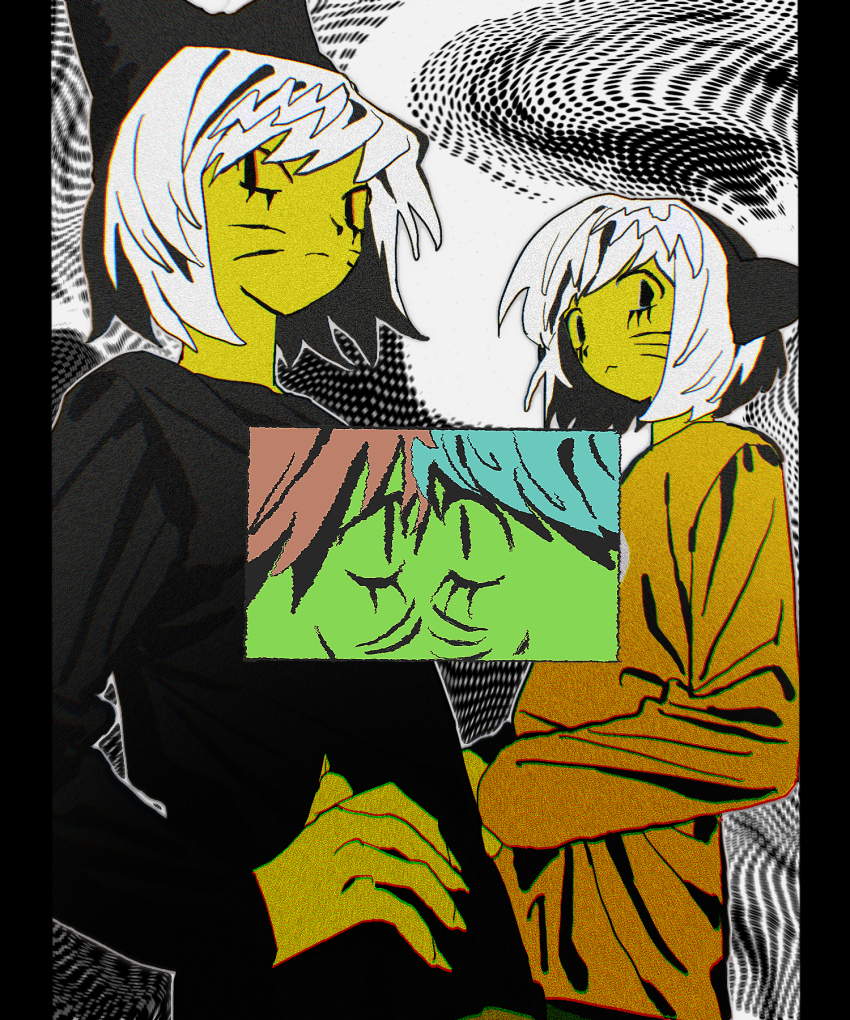 2boys animal_ears animal_hat black_eyes black_shirt blue_hair brown_hair cat_hat commentary_request facial_mark fake_animal_ears fingernails hand_on_own_hip hat highres looking_at_viewer male_focus multiple_boys nyen_(randal&#039;s_friends) nyon_(randal&#039;s_friends) orange_shirt randal&#039;s_friends sharp_fingernails shirt short_hair tami_tome_mo upper_body whisker_markings white_hair