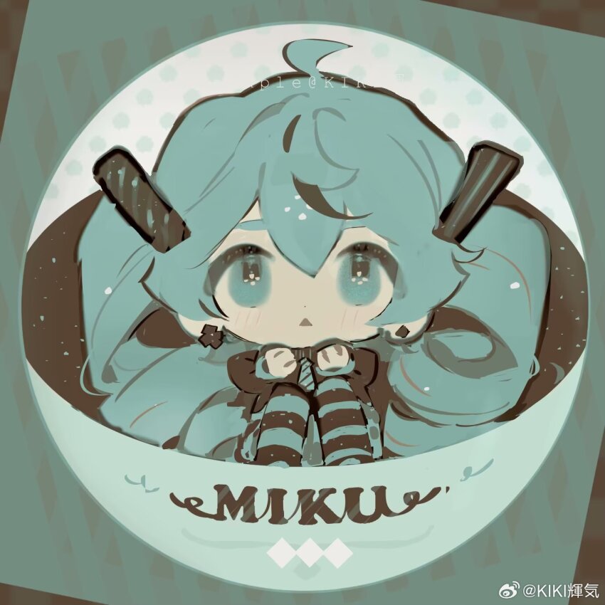 aqua_eyes aqua_hair chibi chibi_only cup hatsune_miku headset highres in_container in_cup kikihuihui long_hair twintails very_long_hair vocaloid