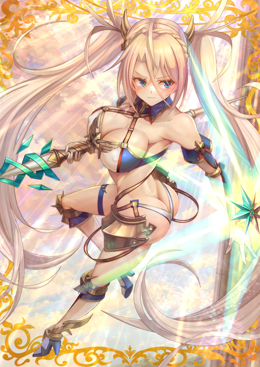 1girl armor ass bare_shoulders bikini blonde_hair blue_bikini blue_eyes blue_gloves blush boots bradamante_(fate) bradamante_(third_ascension)_(fate) braid breasts butt_crack cleavage crown_braid dai_toro elbow_gloves energy_barrier energy_shield fate/grand_order fate_(series) faulds gloves highleg highleg_bikini highres knee_boots large_breasts long_hair multicolored_bikini scepter solo swimsuit thigh_strap twintails two-tone_bikini two-tone_gloves very_long_hair white_bikini white_gloves