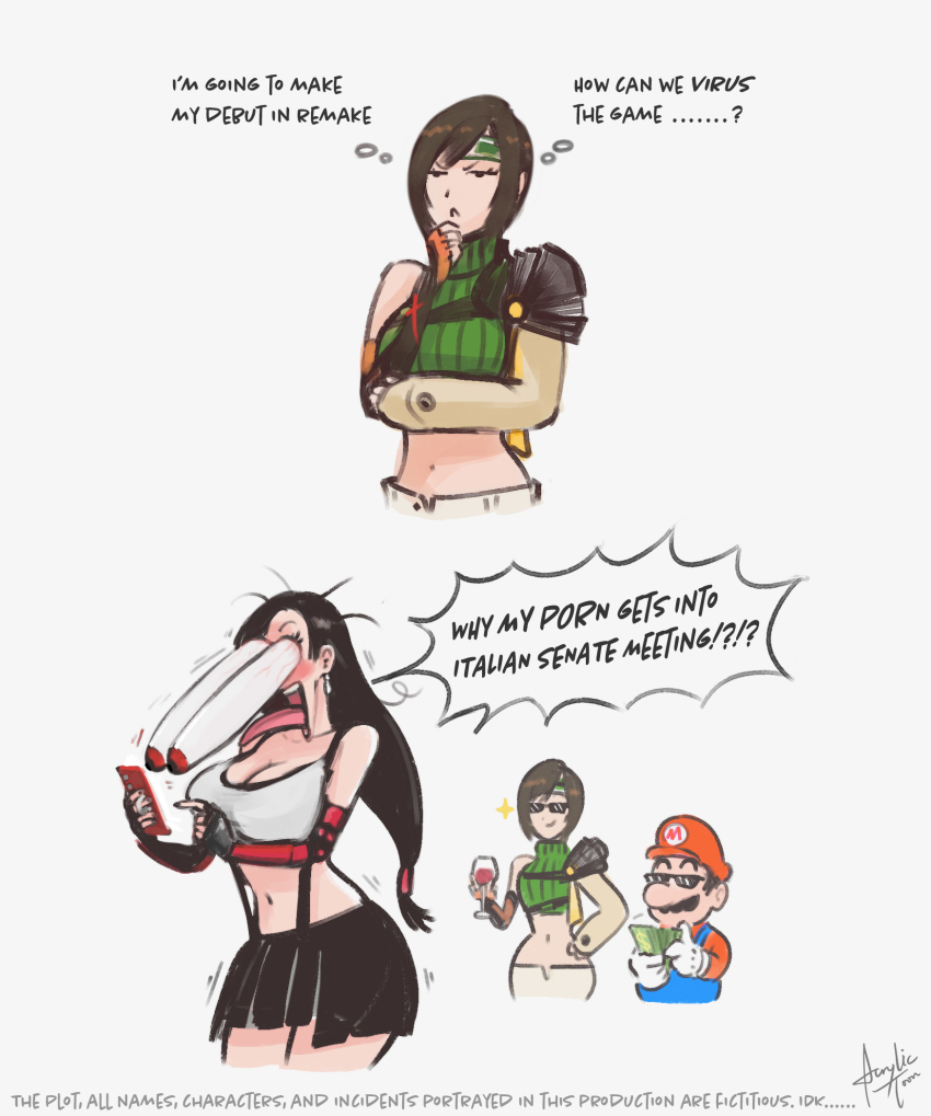 1boy 2girls acrylictoon alcohol black_hair blush breasts brown_hair bulging_eyes cleavage comic cup drinking_glass eye_pop facial_hair final_fantasy final_fantasy_vii final_fantasy_vii_remake gloves hat headband highres italian_senate_porn_livestream_(meme) italian_senate_porn_livestream_(meme) mario mario_(series) meme midriff money multiple_girls mustache navel nintendo ponytail shorts skirt smirk speech_bubble square_enix standing sunglasses super_mario_bros._1 surprised tifa_lockhart wine wine_glass yuffie_kisaragi