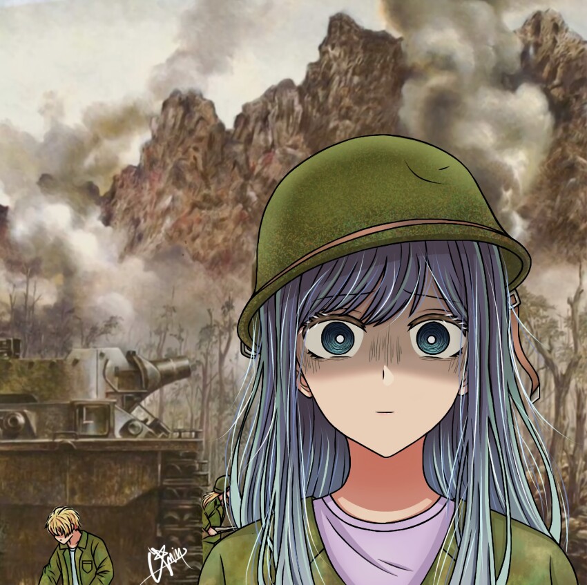 1boy 2girls alternate_universe blonde_hair blue_eyes blue_hair bright_pupils closed_mouth commentary fine_art_parody furrowed_brow green_jacket helmet highres hoshino_aquamarine hoshino_ruby jacket kurokawa_akane long_hair looking_at_viewer military military_uniform military_vehicle min_77906 motor_vehicle mountain multiple_girls oshi_no_ko outdoors parody purple_shirt shaded_face shirt siblings signature smoke straight-on tank the_two-thousand_yard_stare thousand_yard_stare tilted_headwear traumatized tree twins upper_body war white_pupils
