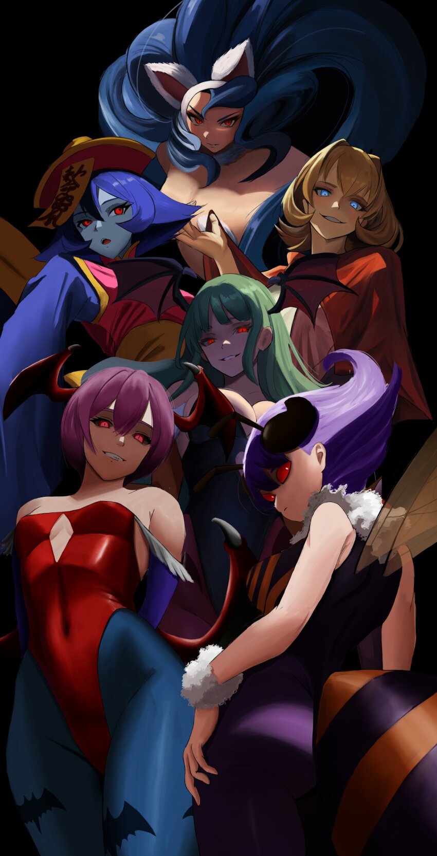 6+girls abdomen_tail absurdres animal_ears animal_hands animal_print antennae arthropod_girl b.b._hood bat_print bee_girl big_hair black_background black_leotard blonde_hair blue_hair blue_pantyhose blue_skin blunt_bangs breasts cat_ears cat_girl cat_paws clothing_cutout colored_skin commentary_request darkstalkers diamond_cutout felicia_(darkstalkers) flipped_hair green_hair hat head_wings heart_cutout highleg highleg_leotard highres hsien-ko hyakka_(momokashinryu14) insect_girl insect_wings leotard lilith_(darkstalkers) looking_at_viewer medium_breasts monster_girl morrigan_aensland multiple_girls pantyhose parted_lips pointing print_pantyhose purple_hair purple_pantyhose q-bee qingdai_guanmao red_eyes red_leotard red_wings revision small_breasts smile strapless strapless_leotard teeth white_fur wings