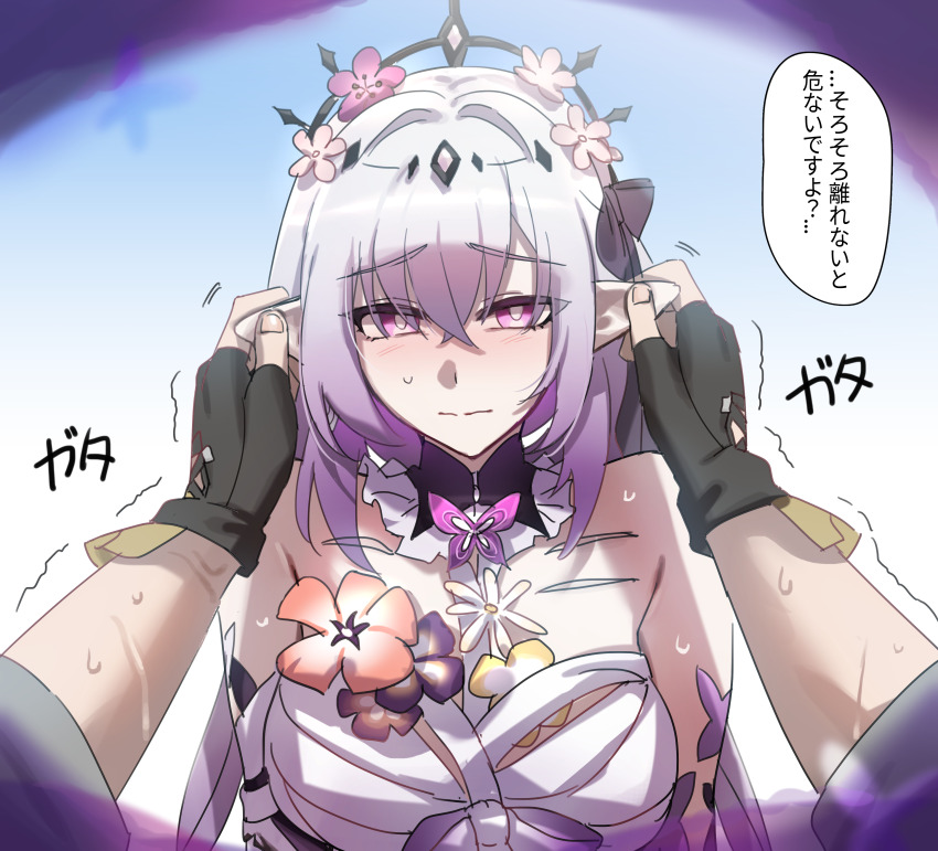 1boy 1girl ^^^ absurdres bare_shoulders black_gloves blush breasts bug butterfly caelus_(honkai:_star_rail) castorice_(honkai:_star_rail) closed_mouth dress fingerless_gloves flower gloves hair_flower hair_ornament highres honkai:_star_rail honkai_(series) insect large_breasts long_hair long_sleeves looking_at_viewer medium_breasts pointy_ears pov pov_hands purple_butterfly purple_eyes purple_flower purple_hair saki_(remainaddd) solo_focus trailblazer_(honkai:_star_rail) translation_request upper_body white_dress