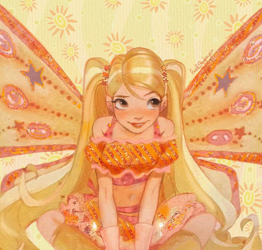 1girl bare_shoulders believix blonde_hair blush boots brown_eyes commentary crop_top english_commentary fairy fairy_wings feet_out_of_frame frilled_shirt frilled_skirt frilled_sleeves frills gloves hair_ornament happy highres knee_boots knees_apart_feet_together lipstick long_hair looking_to_the_side magical_girl makeup midriff miniskirt mixed_media navel off-shoulder_shirt off_shoulder orange_shirt orange_skirt parted_lips pink_gloves pink_sports_bra puffy_short_sleeves puffy_sleeves red_lips shirt short_sleeves signature sitting skirt skirt_set smile solo sports_bra star_(symbol) star_hair_ornament stardust_axel stella_(winx_club) striped_background sun_symbol swept_bangs teeth two_side_up vertical-striped_background very_long_hair wings winx_club yellow_background yellow_boots yellow_wings