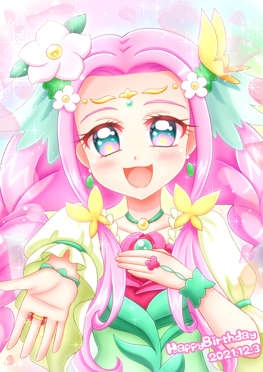 1girl aqua_eyes blush braid brooch cure_felice dated dress earrings flower flower-shaped_pupils hair_flower hair_ornament hanami_kotoha happy_birthday highres jewelry long_hair low_twin_braids magical_girl mahou_girls_precure! multicolored_dress necklace niwatori_(syamo_chamo) open_mouth pink_hair precure ring short_sleeves smile solo symbol-shaped_pupils twin_braids wrist_cuffs
