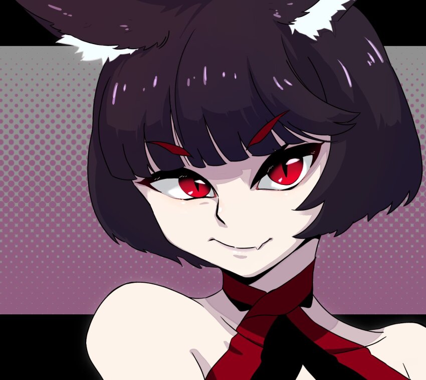 1girl animal_ear_fluff animal_ears azur_lane bare_shoulders black_hair bob_cut cat_ears close-up closed_mouth collarbone evil_smile fang looking_at_viewer mismatched_eyebrows portrait red_eyes short_hair skin_fang smile solo straight-on swept_bangs yamashiro_(azur_lane) yamashiro_(meta)_(azur_lane) zuwoss