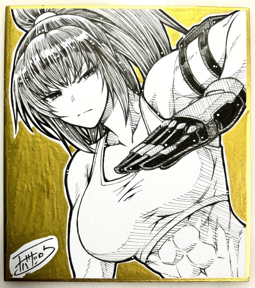 1girl abs armlet bare_shoulders chiba_toshirou gloves highres jewelry leona_heidern marker_(medium) monochrome muscular muscular_female navel photo_(medium) ponytail shikishi signature solo tank_top the_king_of_fighters the_king_of_fighters_xv traditional_media upper_body