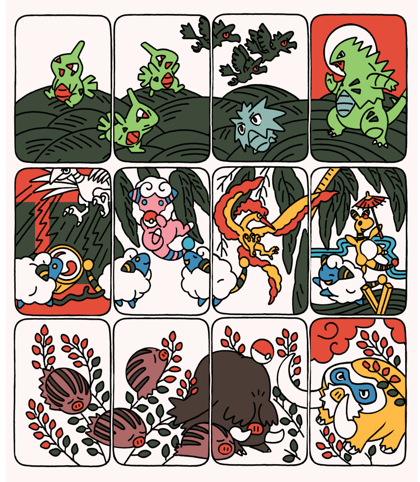 absurdres alternate_color ampharos flaaffy flower gen_1_pokemon gen_2_pokemon gen_4_pokemon hanafuda highres larvitar legendary_pokemon mamoswine mareep moltres murkrow nintendo no_humans oil-paper_umbrella piloswine poke_ball pokemon pokemon_(creature) pupitar sabling shiny_pokemon skarmory swinub tusks tyranitar umbrella