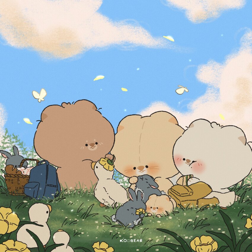 4others animal artist_name backpack bag bear bird blue_sky blush bug butterfly chibi cloud commentary day duck eating field flower flower_field flower_hat food full_body grass highres holding holding_flower holding_food holding_sandwich insect kocobear multiple_others no_humans original outdoors petals picnic_basket rabbit sandwich sitting sky smile solid_circle_eyes symbol-only_commentary