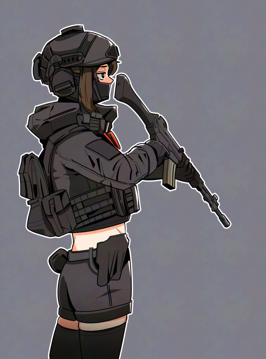 1girl absurdres black_eyes black_thighhighs brown_hair combat_helmet commentary ear_protection from_side grey_background grey_helmet grey_jacket grey_shorts gun helmet highres holding holding_gun holding_weapon holster hood hood_down hooded_jacket jacket load_bearing_vest mask midriff nyagurisushi original outline short_hair shorts sidelocks simple_background solo symbol-only_commentary thighhighs weapon weapon_request white_outline