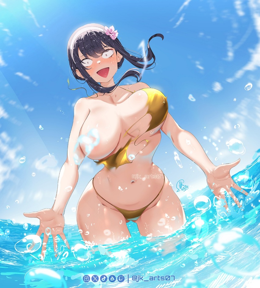 1girl alternate_costume artist_logo artist_name artstation_logo artstation_username bikini black_hair blue_sky breasts convenient_censoring dated day flower gluteal_fold gold_bikini hair_flower hair_ornament instagram_logo instagram_username jk_arts large_breasts logo navel ocean open_mouth outdoors sidelocks sky spy_x_family swimsuit teeth tiktok_logo tiktok_username twitter_logo upper_teeth_only wading wardrobe_malfunction water water_censor wide-eyed yor_briar