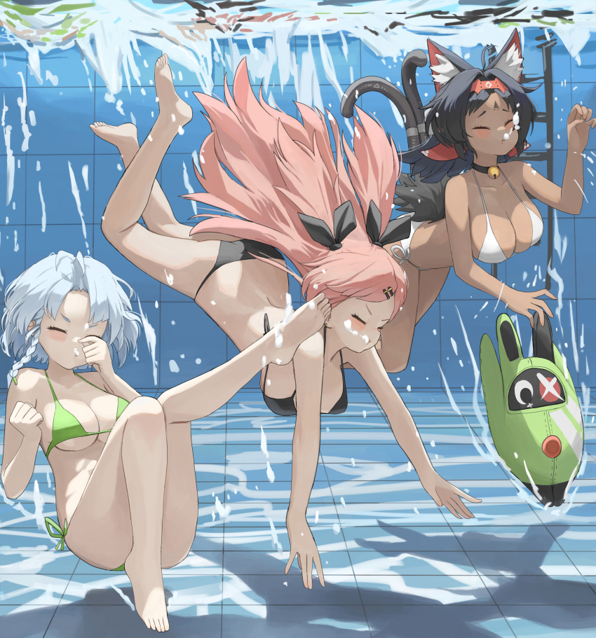 3girls absurdres amillion_(zenless_zone_zero) anby_demara animal_ears bangboo_(zenless_zone_zero) bikini black_bikini black_hair black_ribbon braid breasts cat_ears cat_girl cat_tail closed_eyes closed_mouth commentary_request commission dark-skinned_female dark_skin dolri green_bikini hair_ribbon highres long_hair medium_breasts multiple_girls nekomiya_mana nicole_demara pink_hair pixiv_commission pool ribbon single_braid swimsuit tail underwater white_bikini zenless_zone_zero