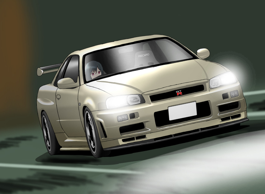 1girl black_hair car commentary_request driving highres love_live! love_live!_nijigasaki_high_school_idol_club mifune_shioriko motor_vehicle nissan nissan_skyline nissan_skyline_gt-r nissan_skyline_r34 red_eyes road shadow solo vehicle_focus yohakichi