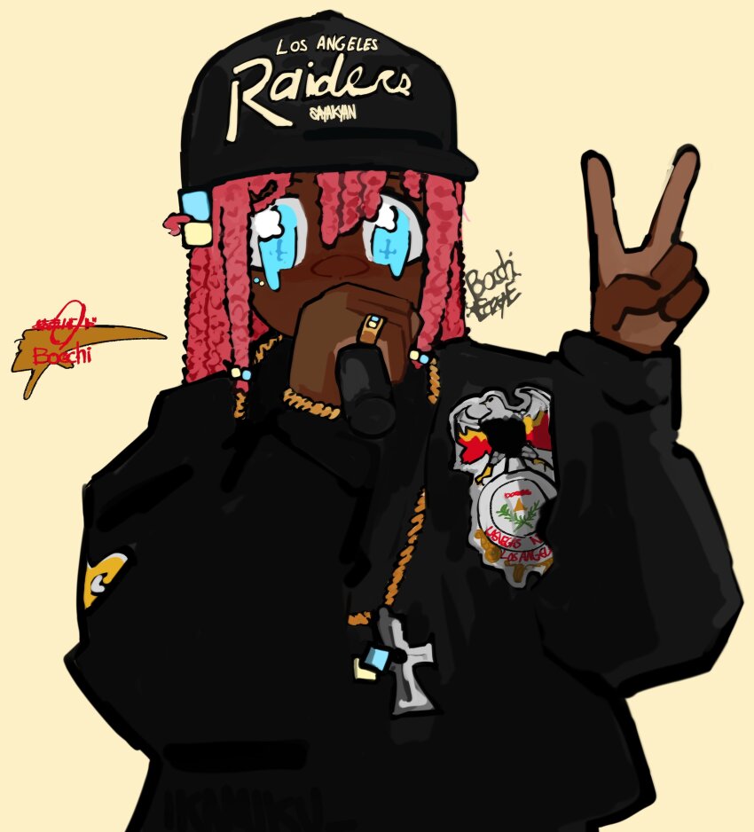 1girl absurdres alternate_skin_color baseball_cap black_hat black_jacket black_shirt blue_eyes bocchi_the_rock! bracelet cross cross_necklace dark-skinned_female dark_skin dreadlocks gold_bracelet gotoh_hitori hand_up hat highres jacket jewelry las_vegas_raiders microphone necklace pink_hair shirt simple_background solo squidmiku v yellow_background