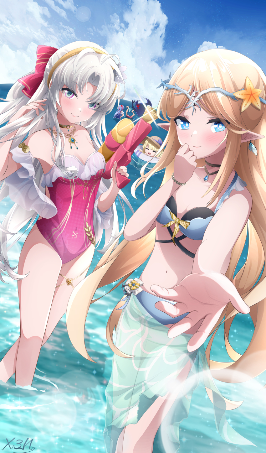 3girls absurdres alternate_costume anger_vein aqua_eyes bare_shoulders bikini blonde_hair blue_bikini blue_eyes blue_sarong blue_sky blush bow brant_(wuthering_waves) breasts carlotta_(wuthering_waves) cartethyia_(wuthering_waves) closed_mouth commentary_request crown_of_thorns day earrings hair_bow hand_up highres holding holding_water_gun jewelry long_hair looking_at_viewer medium_breasts multiple_girls navel off-shoulder_one-piece_swimsuit off_shoulder offering_hand official_alternate_costume one-piece_swimsuit outdoors pero_(wuthering_waves) phoebe_(wuthering_waves) pink_bow pink_one-piece_swimsuit pointy_ears roccia_(wuthering_waves) sarong signature sky smile stomach swimsuit tacet_mark_(wuthering_waves) very_long_hair wading water_gun wuthering_waves x3n