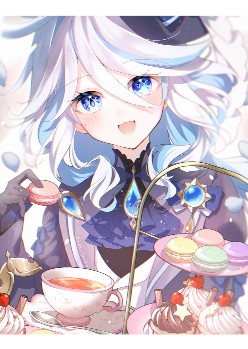 1girl :d ascot black_gloves blue_ascot blue_eyes blue_gemstone blue_hair blue_pupils blush cherry commentary_request cup cupcake drop-shaped_pupils food fruit furina_(genshin_impact) gem genshin_impact gloves hair_between_eyes highres holding holding_cup holding_food kise_inaka letterboxed light_blue_hair long_hair long_sleeves looking_at_viewer macaron multicolored_hair open_mouth smile solo spoon streaked_hair symbol-shaped_pupils tiered_tray twitter_username white_hair