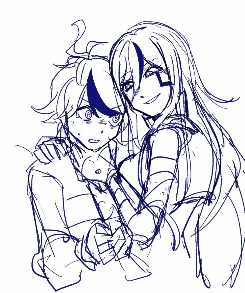 1boy 1girl ahoge blush femdom hair_between_eyes hand_around_neck highres long_hair messy_hair multicolored_hair open_mouth simple_background sketch smile strangling sumino_takumi sweat sweatdrop the_hundred_line_-last_defense_academy- upper_body v&#039;ehxness white_background