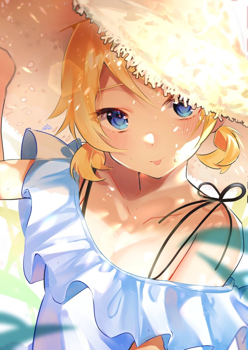 1girl bare_arms bare_shoulders blonde_hair blue_eyes blurry breasts collarbone depth_of_field dress flat_chest frilled_dress frills hand_on_headwear hat highres inubangarou kagamine_rin leaf lens_flare light_blush looking_at_viewer low_twintails short_hair short_twintails small_breasts solo spaghetti_strap straw_hat sun_hat sundress sweatdrop tongue tongue_out twintails vocaloid white_dress