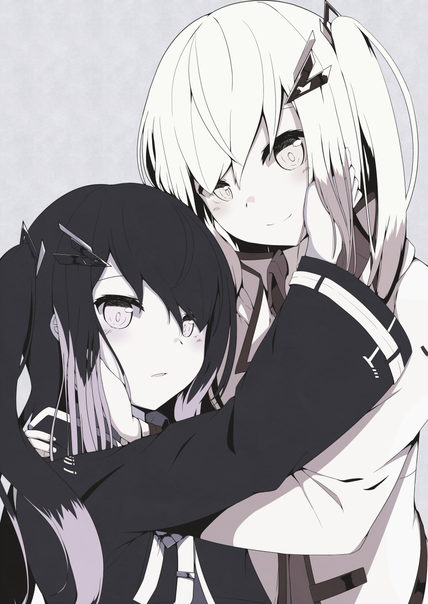 2girls absurdres allial_(coefont) arm_around_back black_hair black_jacket blush brown_hair closed_mouth coefont dot_nose from_side hair_ornament hair_over_one_eye hairclip haiyuki_yuki hands_on_another&#039;s_cheeks hands_on_another&#039;s_face highres jacket limited_palette long_hair long_sleeves looking_at_viewer millial_(coefont) multicolored_hair multiple_girls parted_lips pink_hair sidelocks smile twintails two-tone_hair upper_body white_hair white_jacket