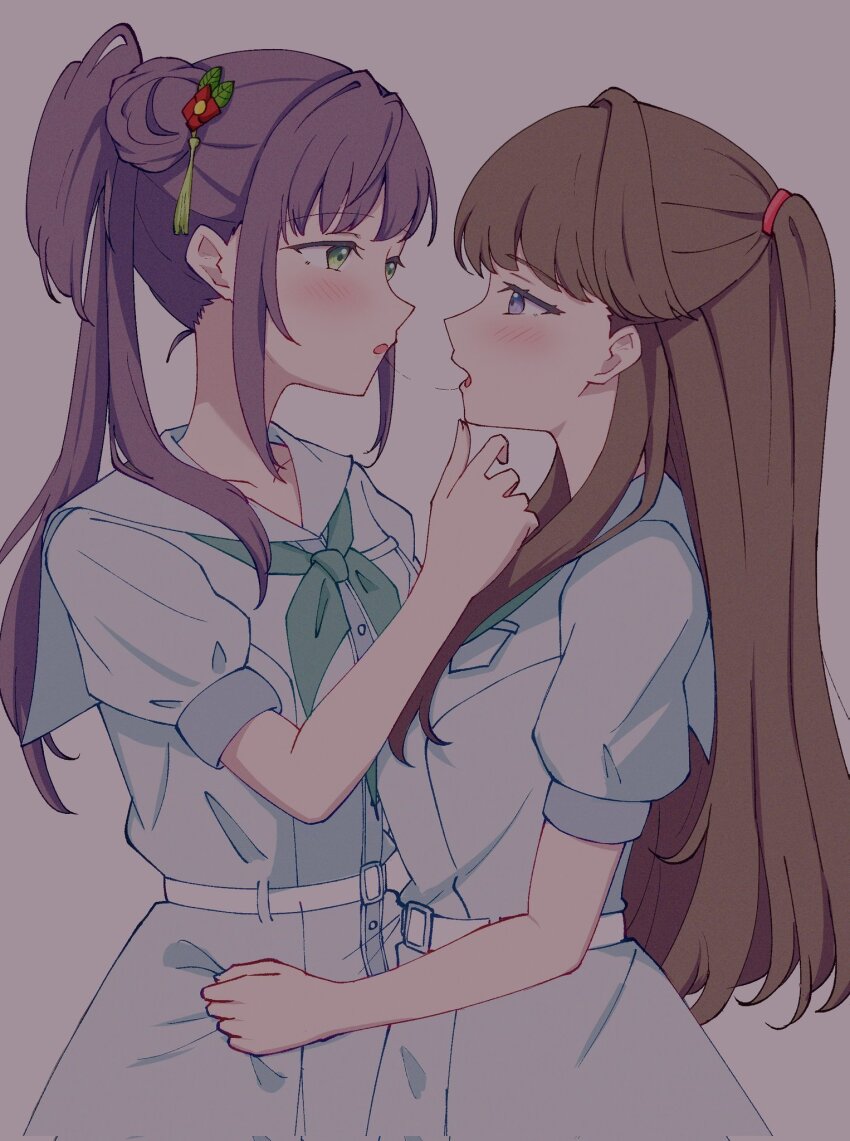 2girls after_kiss aqua_neckerchief blue_dress blush breast_pocket brown_background brown_hair clothes_grab commentary cowboy_shot dress dress_grab eye_contact flower fujishima_megumi green_eyes hair_bun hair_flower hair_ornament half-closed_eyes hand_on_another&#039;s_chin hasu_no_sora_school_uniform highres link!_like!_love_live! lone_nape_hair long_hair looking_at_another love_live! multiple_girls neckerchief open_mouth otomune_kozue pleated_dress pocket puffy_short_sleeves puffy_sleeves purple_eyes purple_hair reason3_s red_flower sailor_collar sailor_dress saliva saliva_trail school_uniform short_sleeves side_ponytail sidelocks single_side_bun summer_uniform two_side_up virtual_youtuber white_sailor_collar yuri