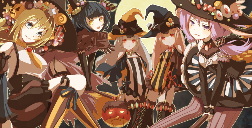 5girls blonde_hair blue_eyes blue_hair blunt_bangs broom broom_riding candy dress eagle_talon food full_moon garter_straps gin_ji halloween hat jack-o&#039;-lantern kotonoha_akane kotonoha_aoi long_hair moon multiple_girls pantyhose purple_eyes purple_hair red_eyes siblings sisters skirt smile socks striped_clothes striped_legwear striped_pantyhose striped_socks thighhighs touhoku_zunko tsurumaki_maki twins vertical-striped_clothes vertical-striped_legwear vertical-striped_pantyhose vertical-striped_socks vocaloid voiceroid witch_hat yoshida-kun_(eagle_talon) yuzuki_yukari