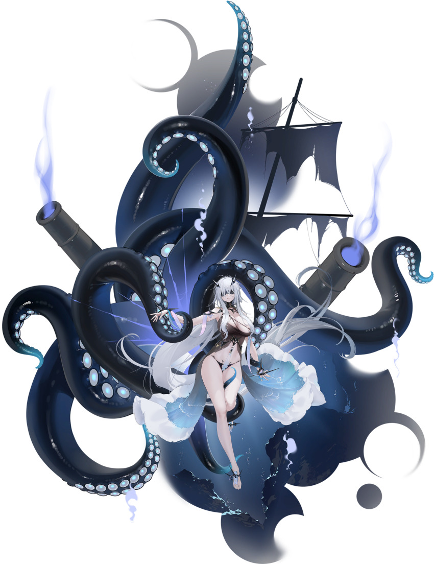 1girl absurdly_long_hair absurdres artist_request azur_lane bare_shoulders barefoot between_legs bikini bikini_bottom_only black_bikini black_dress black_gloves blindfold boat breasts bubble cameltoe cannon center_opening cleavage collar collarbone covered_navel curvy detached_collar dress eldritch_abomination fancy_(azur_lane) fingerless_gloves fingernails fire full_body gloves gradient_clothes gradient_dress hair_between_eyes headgear highres horns jewelry large_breasts legs long_hair machinery mast navel non-web_source o-ring official_art ohisashiburi open_clothes open_dress panties parted_lips purple_fire revealing_clothes rigging ship ship_turret sidelocks simple_background skindentation sleeveless sleeveless_dress solo standing stomach string_panties suction_cups swimsuit teeth tentacles thighs toenails toes torn_clothes torn_dress transparent_background underwear very_long_hair water watercraft white_hair