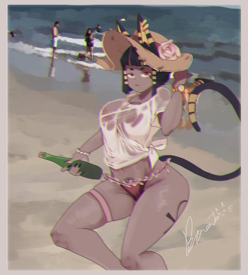 1boy 2girls animal_ears bastet_(mythology) beach bead_bracelet beads bikini black_hair blunt_bangs blurry blurry_background border bottle bracelet breasts cat_ears cat_girl cat_tail champagne_bottle closed_mouth commentary dark-skinned_female dark_skin dog ears_through_headwear egyptian_mythology english_commentary expressionless feet_out_of_frame flower frilled_bikini frills grey_border hat hat_flower highres holding holding_bottle jewelry large_breasts looking_at_viewer multiple_girls ocean original outdoors painterly pink_flower pink_rose red_bikini red_eyes rose shirt short_bangs short_hair signature solo_focus sun_hat swimsuit tail thigh_strap tied_shirt watch weeze wet white_shirt wristwatch