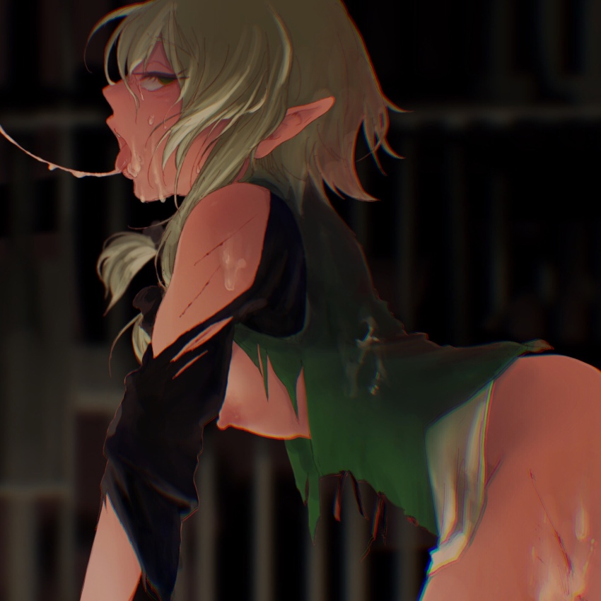 1girl after_fellatio aftersex ahegao ahoge all_fours artist_request bare_shoulders bent_over blood bottomless breasts breasts_out captured chromatic_aberration cum cum_in_mouth cum_on_body cum_on_clothes cum_on_lower_body cum_on_upper_body cum_string dungeon elf empty_eyes eyebrows eyelashes facial female_focus from_side goblin_slayer! green_eyes green_hair hair_ornament hair_ribbon half-closed_eyes high_elf_archer_(goblin_slayer!) highres indoors injury kneeling long_pointy_ears looking_at_viewer nipples open_mouth pointy_ears rape ribbon rolling_eyes scrape scratches short_hair short_hair_with_long_locks sideboob sidelocks small_breasts solo teeth tongue tongue_out torn_clothes upper_teeth_only
