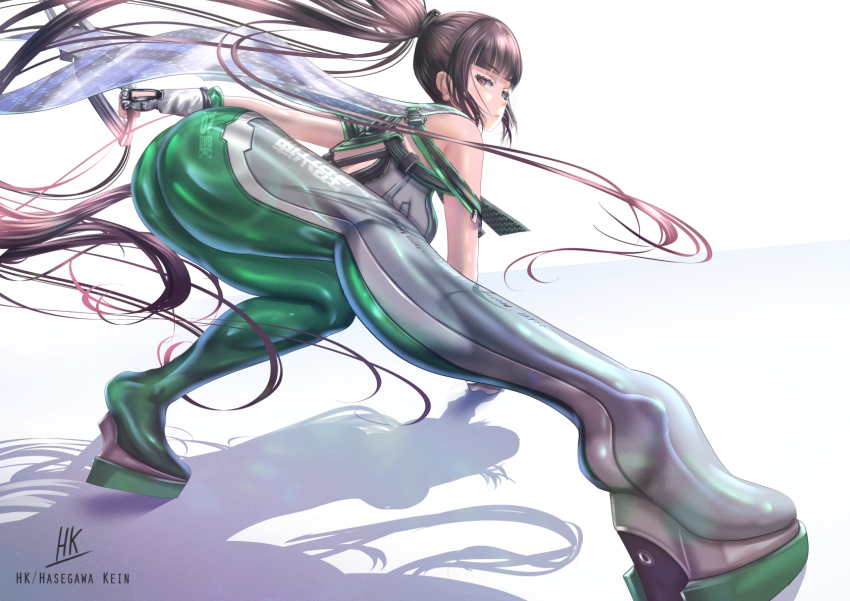 1girl artist_name ass bare_shoulders blood_edge_(stellar_blade) brown_eyes brown_hair eve_(stellar_blade) female_focus highres holding holding_sword holding_weapon kein_hasegawa long_hair planet_diving_suit_(7th)_(stellar_blade) ponytail shiny_skin simple_background skin_tight stellar_blade sword thighs very_long_hair weapon white_background