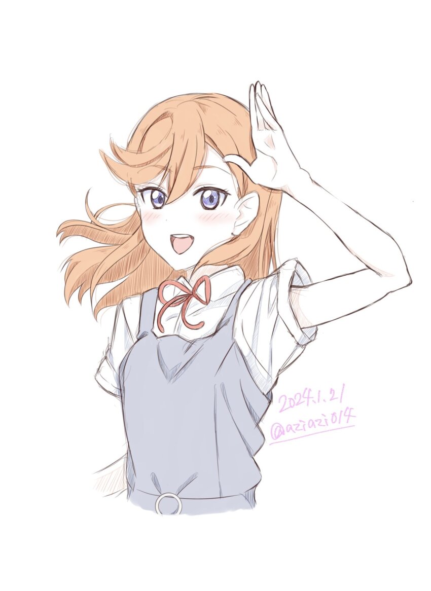 1girl aziazi014 blush commentary_request cropped_torso dated dress grey_dress hair_flowing_over hand_up highres looking_at_viewer love_live! love_live!_superstar!! medium_hair neck_ribbon open_mouth orange_hair pinafore_dress purple_eyes red_ribbon ribbon school_uniform shibuya_kanon shirt short_sleeves sleeveless sleeveless_dress solo summer_uniform teeth twitter_username upper_body upper_teeth_only white_background white_shirt yuigaoka_school_uniform