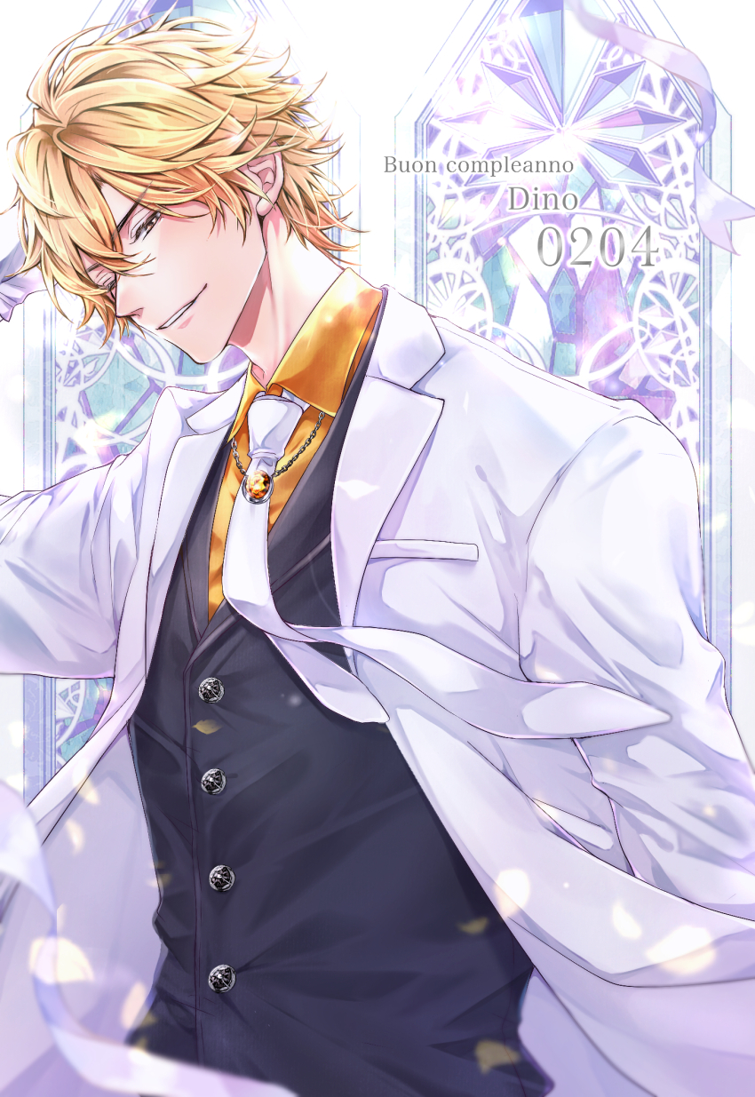 1boy black_vest blonde_hair commentary_request dino_(reborn) formal_clothes happy_birthday highres italian_text katekyo_hitman_reborn! looking_at_viewer male_focus necktie one_eye_closed orange_shirt rai_dh1218 scratching_head shirt smile solo stained_glass suit vest white_necktie white_suit yellow_eyes