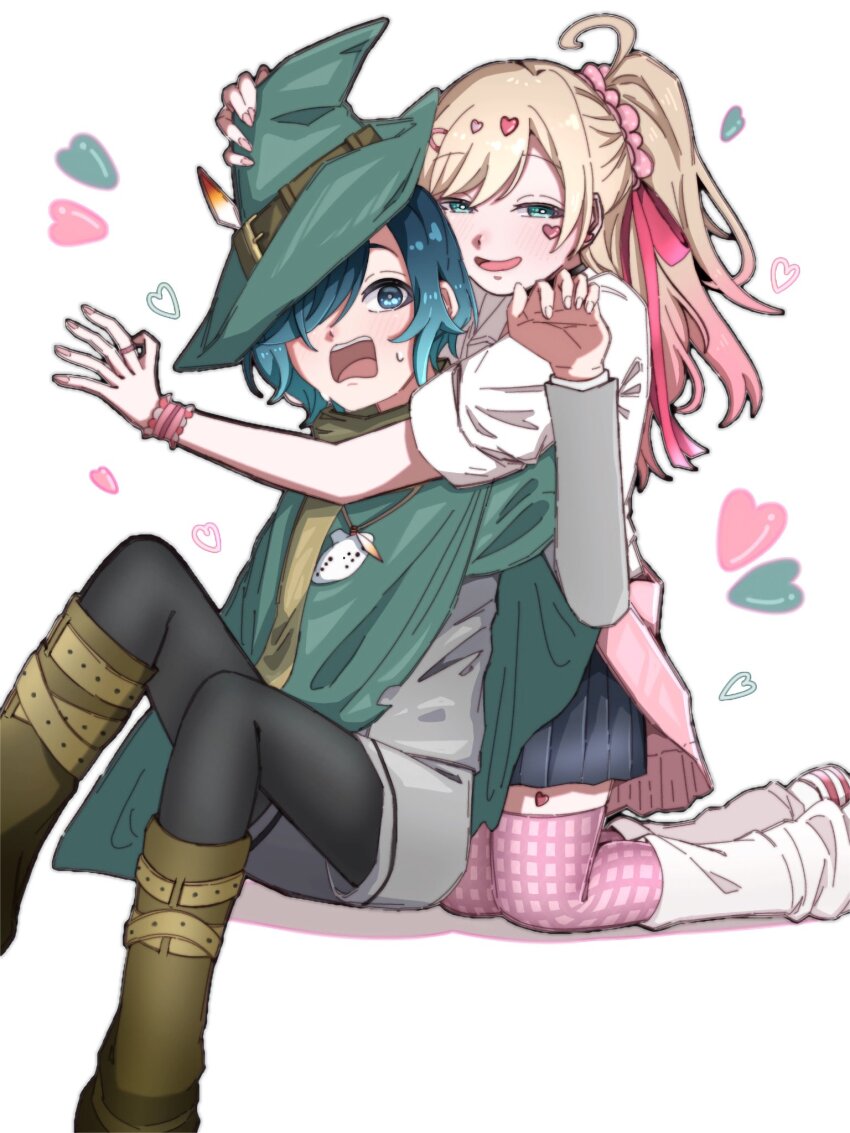 2girls black_skirt blonde_hair blue_eyes blue_hair blush boots bracelet brown_boots cloak clothes_around_waist collared_shirt earrings gradient_hair green_cloak green_hat green_scarf grey_jacket grey_shorts hair_between_eyes hair_ornament hair_over_one_eye hair_ribbon hair_scrunchie hairclip hand_on_another&#039;s_headwear hand_up hat hat_belt hat_feather heart heart_earrings heart_hair_ornament highres hug hug_from_behind instrument jacket jewelry kedarui_aashii kimi_no_koto_ga_dai_dai_dai_dai_daisuki_na_100-nin_no_kanojo knee_boots kneeling knees_up leggings_under_shorts long_hair long_sleeves looking_at_viewer loose_socks miniskirt multicolored_hair multiple_bracelets multiple_girls nail_polish nakaji_uto ocarina ohananomitsu_high_school_uniform ohananomitsu_middle_school_uniform one_eye_covered one_side_up open_mouth parted_bangs pink_hair pink_nails pink_ribbon pink_socks pink_sweater pleated_skirt ribbon ring scarf school_uniform scrunchie shirt shoe_belt short_hair shorts simple_background sitting skirt sleeves_rolled_up socks surprised sweat sweater sweater_around_waist teeth thighhighs too_many_hair_ornaments upper_teeth_only utiponn wavy_mouth white_background white_shirt wide-eyed wizard_hat