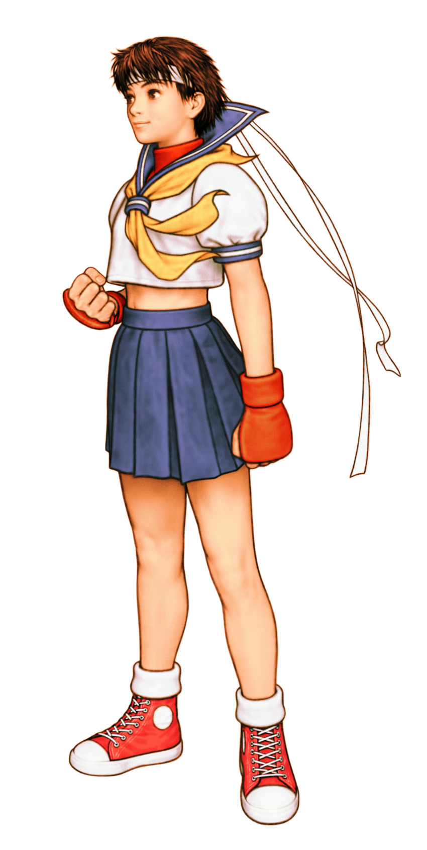 1girl absurdres blue_sailor_collar blue_skirt capcom_vs_snk clenched_hand crop_top fingerless_gloves from_side game_cg gloves hand_up headband highres kasugano_sakura midriff mma_gloves mori_toshiaki non-web_source official_art sailor_collar school_uniform serafuku skirt smile solo street_fighter