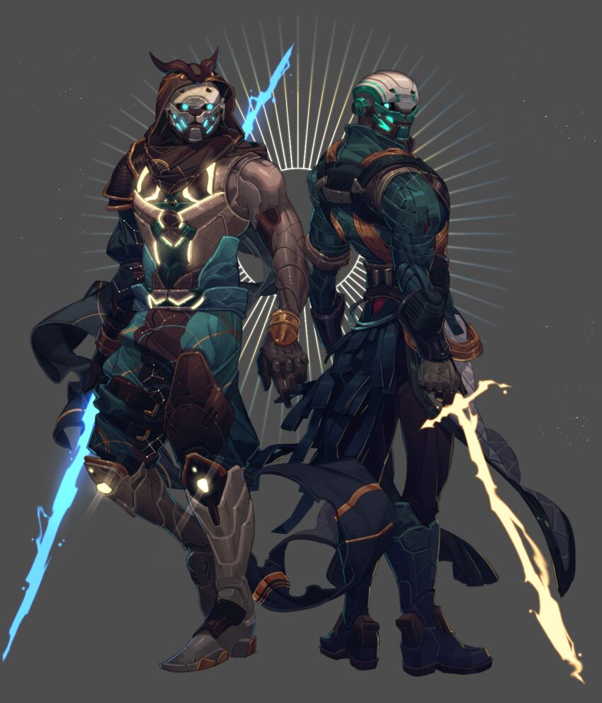 2boys armor armored_boots bara black_pants boop_dega boots cape destiny_(game) energy_spear energy_sword glowing glowing_eyes green_pants grey_background highres holding holding_polearm holding_sword holding_weapon hood hood_up humanoid_robot joints male_focus multiple_boys muscular muscular_male no_humans original pants pauldrons polearm robot robot_joints shoulder_armor side-by-side single_pauldron sun sword weapon