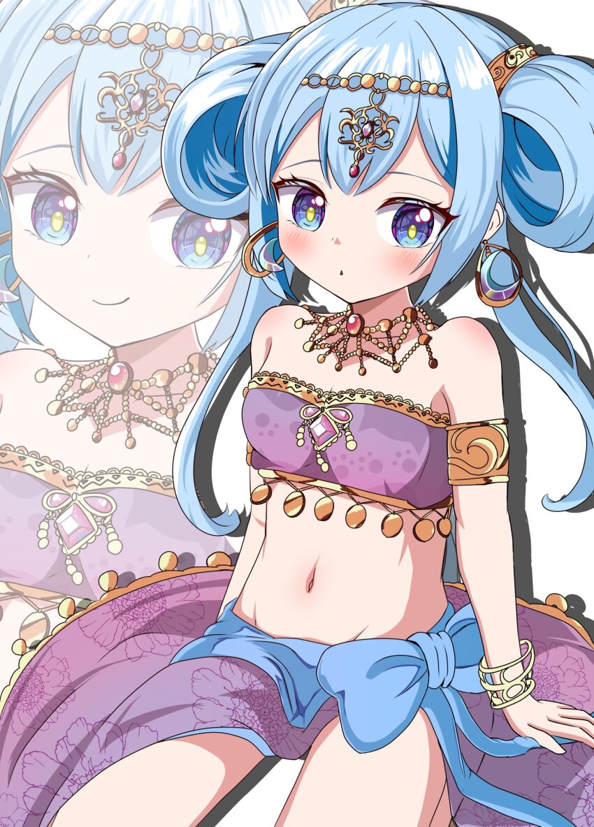 1girl arabian_clothes bandeau bare_shoulders blue_eyes blue_hair blush bracelet collarbone hatuyuki_1017 highres jewelry long_hair looking_at_viewer midriff navel necklace ongeki see-through_clothes sitting skirt solo strapless suzushima_arisu tube_top zoom_layer