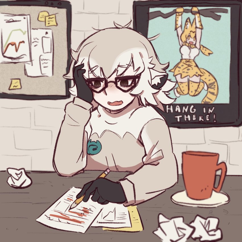 2girls animal_print bow bowtie brown_eyes commentary cup desk english_commentary glasses grading graph grey_hair grey_sweater highres japari_symbol kemono_friends kemono_friends_3 meerkat_(kemono_friends) meerkat_ears mug multiple_girls papers pencil print_bow print_bowtie serval_(kemono_friends) striped_tail sweater tail tateoftot tired two-tone_bow two-tone_bowtie white_bow white_bowtie