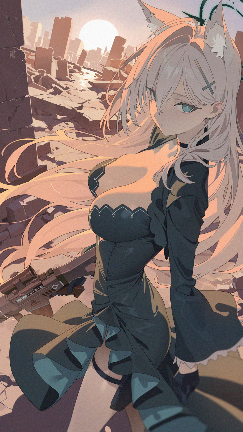 1girl absurdres animal_ear_fluff animal_ears assault_rifle black_choker black_dress black_gloves black_halo black_jacket blue_archive breasts broken_halo choker cleavage closed_mouth commentary_request cross cross_hair_ornament dark_halo dress extra_ears gloves grey_eyes grey_hair gun hair_intakes hair_ornament halo highres holding holding_gun holding_weapon holster inverted_cross jacket lamser large_breasts long_hair looking_at_viewer mismatched_pupils open_clothes open_jacket outdoors rifle shiroko_(blue_archive) shiroko_terror_(blue_archive) side_slit sig_sauer sig_sauer_556 solo thigh_holster thighs very_long_hair weapon wolf_ears wolf_girl
