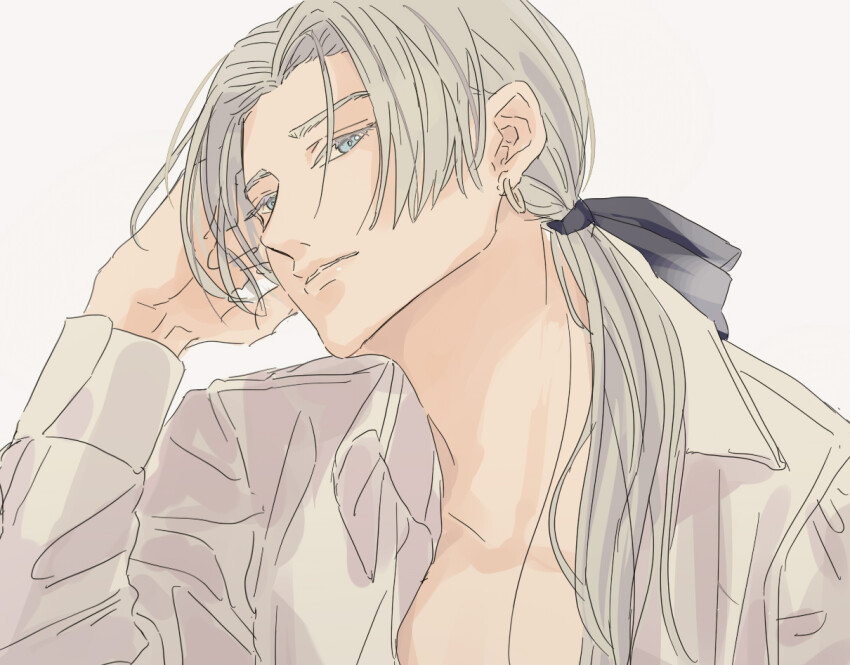 1boy black_ribbon blue_eyes blunt_ends colored_eyelashes commentary_request dragon_quest dragon_quest_viii earrings grey_hair hair_ribbon hand_in_own_hair hoop_earrings jewelry kukuru_(dq8) looking_at_viewer looking_to_the_side low_ponytail male_focus miyama_(kannsannn) parted_bangs parted_lips ponytail ribbon shirt sketch solo upper_body white_background white_shirt