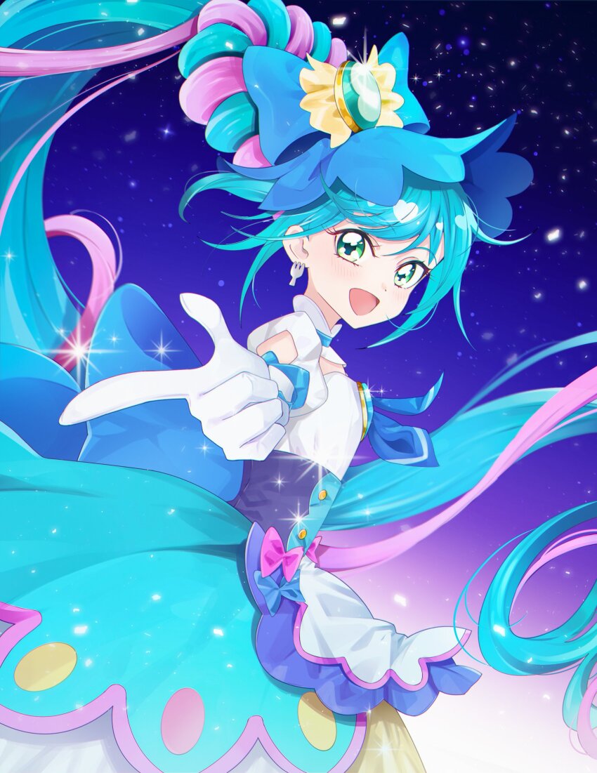 1girl absurdres blue_bow blue_eyes blue_hair bow brooch cure_spicy delicious_party_precure dress earrings gloves gradient_background hair_bun hair_rings heart heart_brooch highres huge_bow jewelry long_hair looking_at_viewer magical_girl medium_dress minchyae open_mouth precure purple_background single_hair_ring smile triple_bun very_long_hair white_gloves