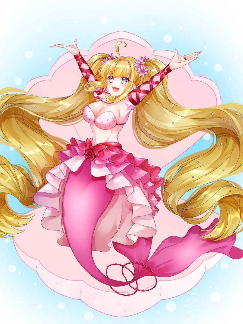 1girl :d absurdres ahoge armpits arms_up bare_shoulders bead_tail_ornament bikini bikini_top_only blonde_hair blue_eyes bow bow_skirt breasts bridal_gauntlets cleavage commentary_request curly_hair drill_hair earrings flower full_body glint groin hair_between_eyes hair_flower hair_ornament highres jewelry large_breasts layered_skirt long_hair looking_up mermaid mermaid_melody_pichi_pichi_pitch monster_girl nanami_lucia nanami_lucia_(princess) navel necklace open_mouth pink_bikini pink_bow pink_skirt polka_dot polka_dot_bikini seashell shell shell_earrings shell_necklace skirt smile solo stomach swimsuit tail tail_ornament teeth twin_drills twintails upper_teeth_only very_long_hair yuzuca_(trickster4594)