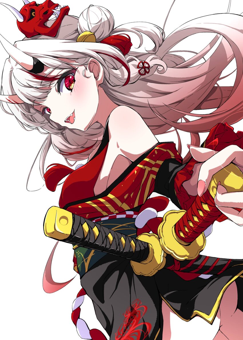 1girl absurdres ass_peek bare_shoulders bell fang fumi_(fumibeing) gradient_hair highres hololive horns japanese_clothes jingle_bell katana kouhaku_nawa long_hair long_sleeves mask mask_on_head multicolored_hair nakiri_ayame oni oni_mask open_mouth red_eyes rope shimenawa skin-covered_horns solo sword two-tone_hair very_long_hair virtual_youtuber weapon white_background white_hair