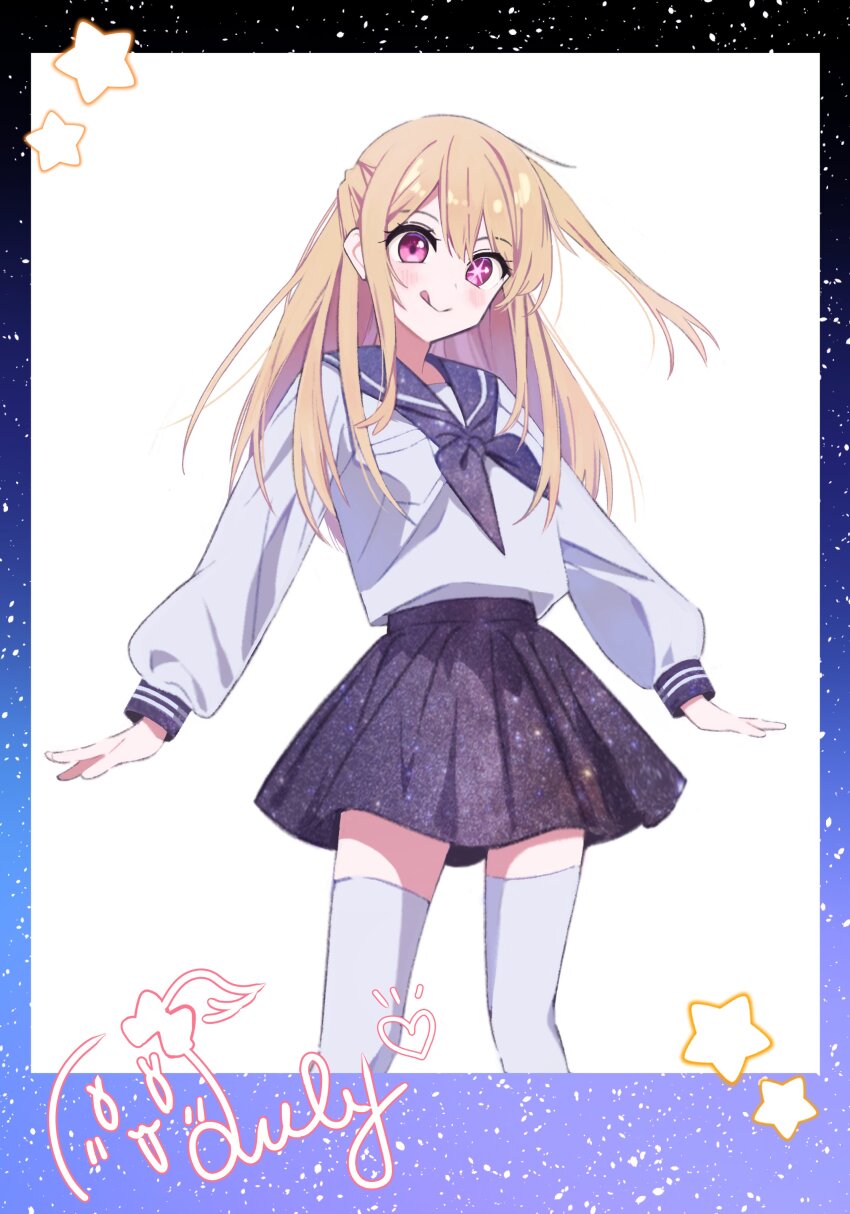 1girl :q absurdres black_neckerchief black_sailor_collar black_skirt blonde_hair blush grey_shirt grey_thighhighs highres hoshino_ruby long_hair long_sleeves miniskirt neckerchief oshi_no_ko pink_eyes sailor_collar shirt shirt_tucked_in skirt smile solo standing star-shaped_pupils star_(symbol) symbol-shaped_pupils thighhighs tongue tongue_out white_background yamabukiyuki zettai_ryouiki
