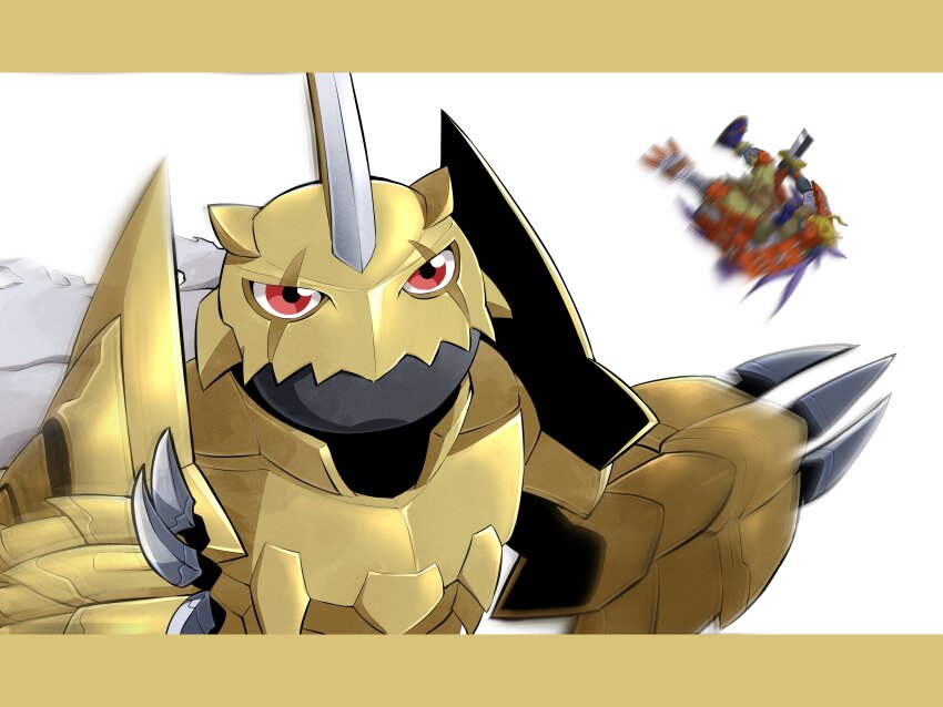 2boys absurdres armor claws digimon digimon_ghost_game highres motion_blur multiple_boys musyamon red_eyes sword weapon zubamon