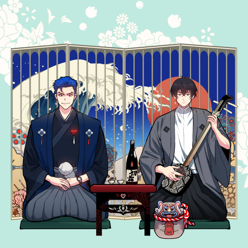 2boys adam_(sk8) alcohol black_hair blue_background blue_hair closed_mouth commentary_request cup fine_art_parody hakama hakama_skirt holding holding_instrument instrument japanese_clothes kanagawa_okinami_ura kikuchi_tadashi kneeling long_sleeves male_focus multiple_boys parody sakazuki sake sk8_the_infinity skirt table watch wide_sleeves wristwatch zongzi0428