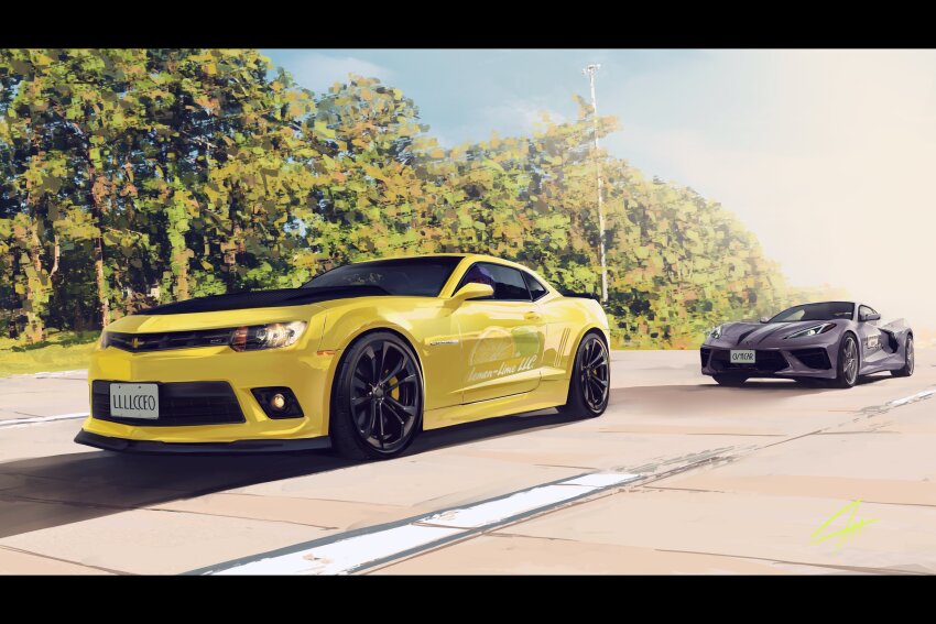 absurdres bad_id bad_twitter_id car chevrolet chevrolet_camaro chevrolet_corvette chevrolet_corvette_c8 cloud grey_car highres letterboxed license_plate motor_vehicle muscle_car no_humans nougat_(no_9ada) original outdoors shadow sky sports_car sunlight vehicle_focus yellow_car