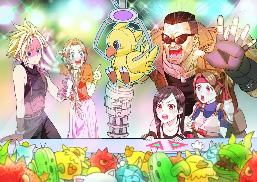2boys 3girls aerith_gainsborough armor bag bare_shoulders barret_wallace beard belt black_bra black_pants black_shirt black_tank_top blue_eyes blue_leotard bomb_(final_fantasy) bra breastplate breasts brown_belt brown_gloves brown_vest cait_sith_(final_fantasy) cat chocobo cloud_strife crane_(machine) cropped_jacket dog_tags dress earrings elbow_gloves facial_hair fat_chocobo final_fantasy final_fantasy_vii final_fantasy_vii_remake fingerless_gloves furrowed_brow gloves green_eyes hair_ribbon headband holding holding_bag jacket jessie_rasberry jewelry leotard light_smile long_dress medium_breasts moogle multiple_belts multiple_boys multiple_girls open_mouth pants parted_bangs pauldrons pink_dress pink_ribbon ponytail prosthetic_weapon red_eyes red_headband red_jacket ribbon sabotender shaded_face shirt shoulder_armor sidelocks single_bare_shoulder single_earring single_pauldron sleeveless sleeveless_turtleneck sports_bra stuffed_animal stuffed_toy sunglasses suspenders tank_top taruta12 tifa_lockhart turtleneck underwear upper_body vest waving_arm white_shirt wide-eyed