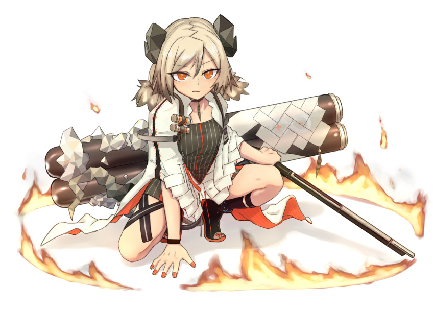 1girl anklet arknights black_dress black_sandals blonde_hair demon_girl demon_horns demon_tail dress flamethrower holding holding_weapon horns ifrit_(arknights) infection_monitor_(arknights) jacket jewelry kamihine looking_at_viewer nail_polish on_one_knee orange_eyes orange_nails ring_of_fire sandals short_hair short_twintails simple_background slit_pupils solo tail toenail_polish toenails twintails weapon white_background white_jacket